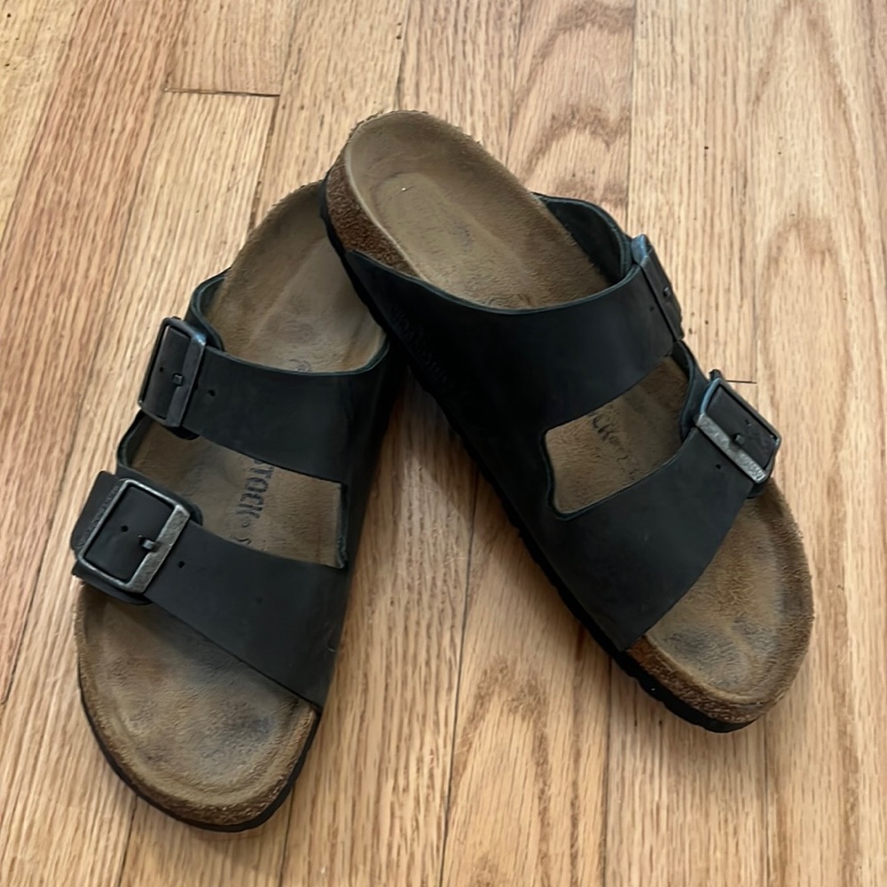 Cute Comfy Birkenstock Arizona Slide Sandals 40 M/N VGUC Black Leather Cork